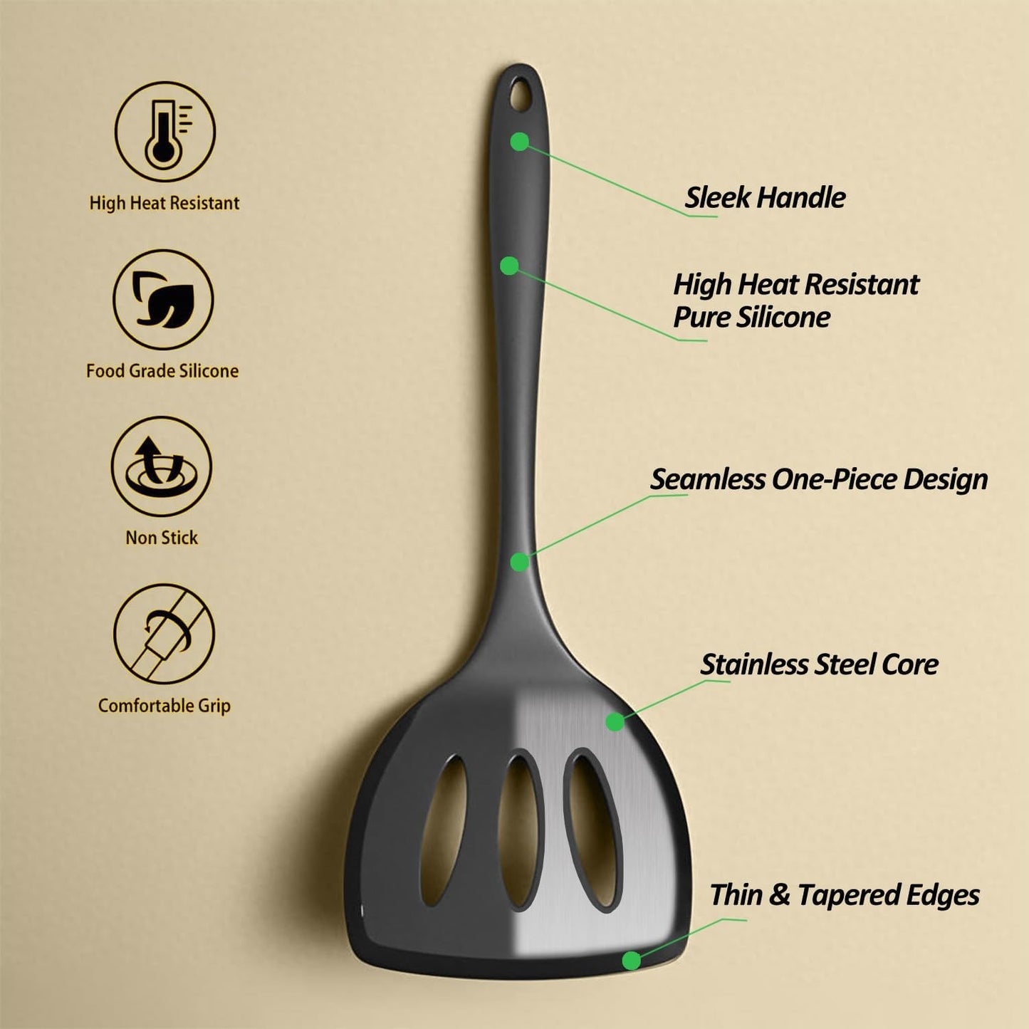 Silicone Pancake Spatula Turner with Lengthened Handle& Seamless Design, Heat Resistant Slotted Flipper for Nonstick Cookware, Large Flexible Kitchen Utensils for Egg, Pancake, Burger, Slotted Black
