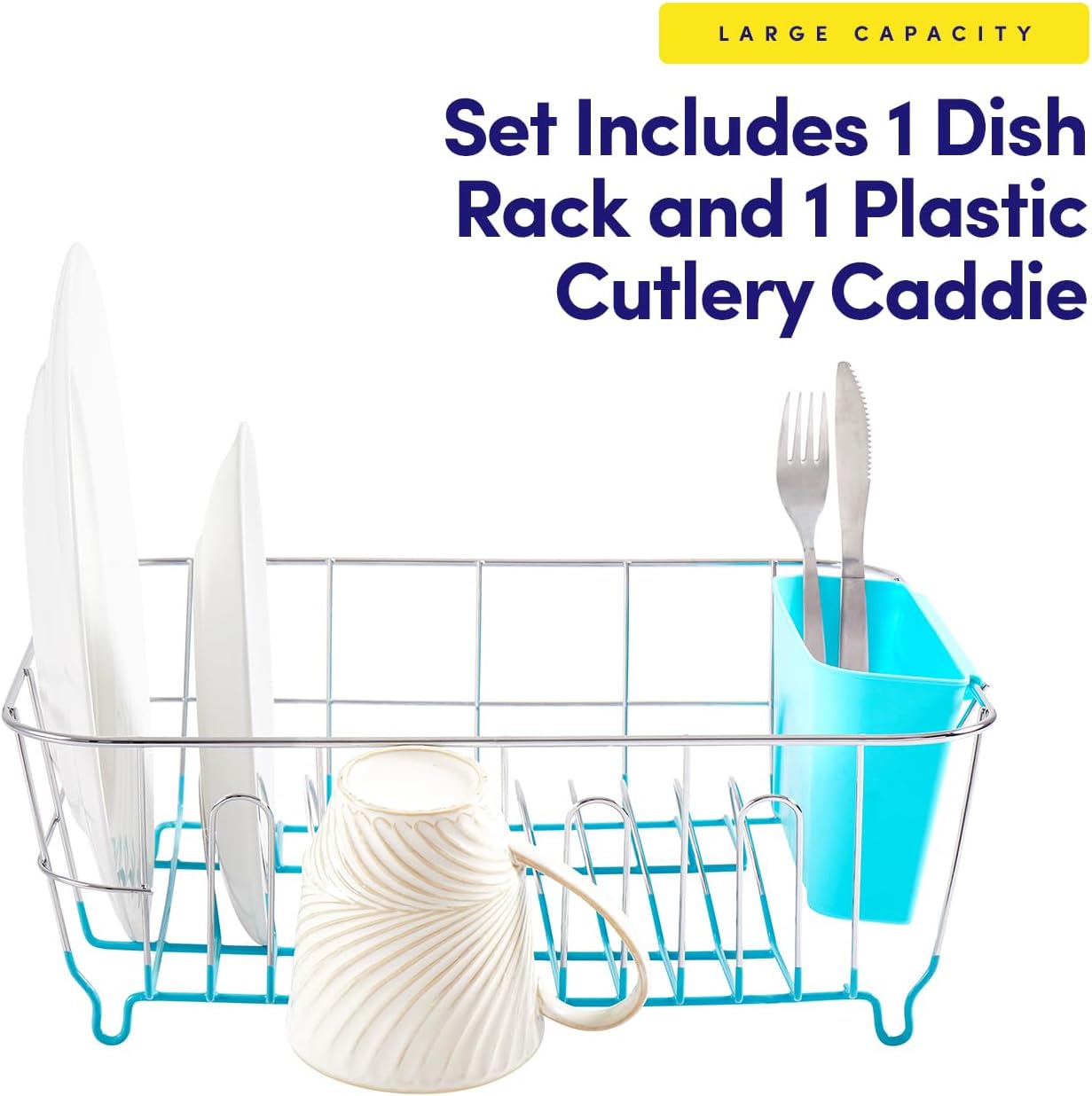 Dish Drying Rack & Cutlery Holder 2 Piece Set - Compact Sink-Fitting Dish Drainer with Rubberized Undercoating, Space-Saving Kitchen Organizer for Plates, Cups, Bowls & Utensils in Sink, Silver