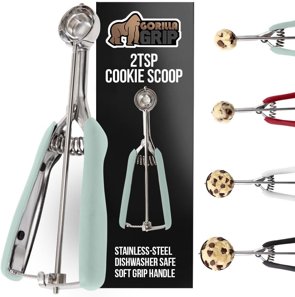 GORILLA GRIP BPA-Free 304 Stainless Steel Cookie Scoop, 1 TBSP Scooper #60, Soft Grip Handle, Easy Food Release, Create Even Portions, Multipurpose Kitchen Melon Baller, Meatball Spring Scoops, Mint