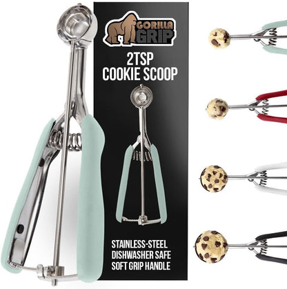 GORILLA GRIP BPA-Free 304 Stainless Steel Cookie Scoop, 1 TBSP Scooper #60, Soft Grip Handle, Easy Food Release, Create Even Portions, Multipurpose Kitchen Melon Baller, Meatball Spring Scoops, Mint