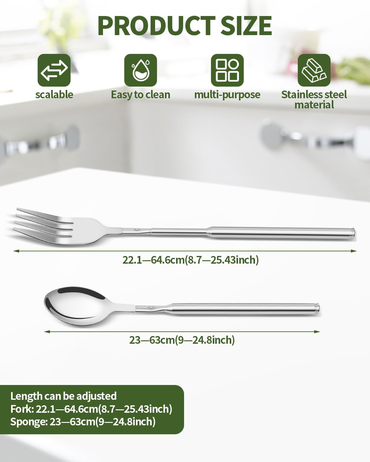 2 PCS Extendable Spoon, Telescopic Stainless Steel Spoon Set, Expandable Extension Spoon to 25 In Tableware, for BBQ Dinner Fruit Dessert
