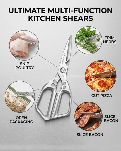Heavy Duty Kitchen Scissors, All Purpose Kitchen Shears with Serrated Blade, Sharp Stainless Steel Poultry Shears, Silver Cooking Scissor for Food Prep Meat Herb, Dishwasher Safe