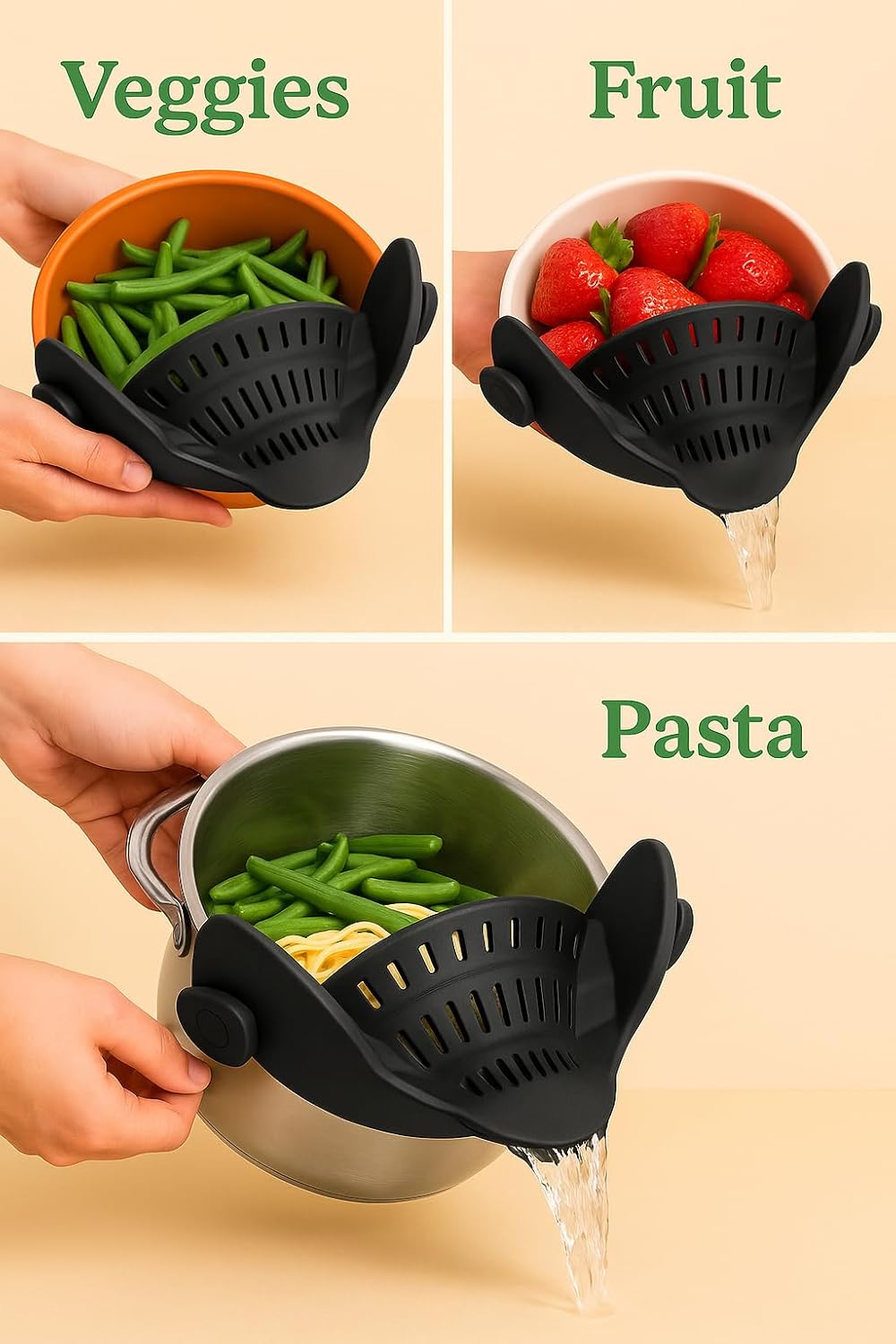 Smart Pots Food Strainer, Clip-On Silicone Colander, Heat-Resistant by TerraHome (Black)