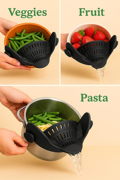 Smart Pots Food Strainer, Clip-On Silicone Colander, Heat-Resistant by TerraHome (Black)