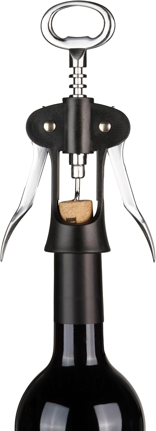 Innovine Winged Corkscrew – Self-Centering Wine Bottle Opener with Ergonomic Wing Levers, Satin Silver and Black Finish, Integrated Bottle Opener, and Durable Construction – Set of 1