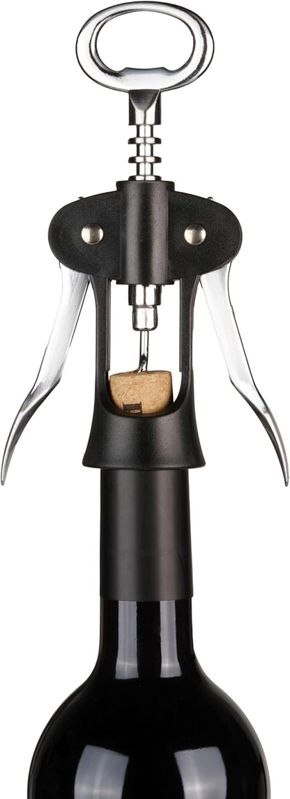 Innovine Winged Corkscrew – Self-Centering Wine Bottle Opener with Ergonomic Wing Levers, Satin Silver and Black Finish, Integrated Bottle Opener, and Durable Construction – Set of 1
