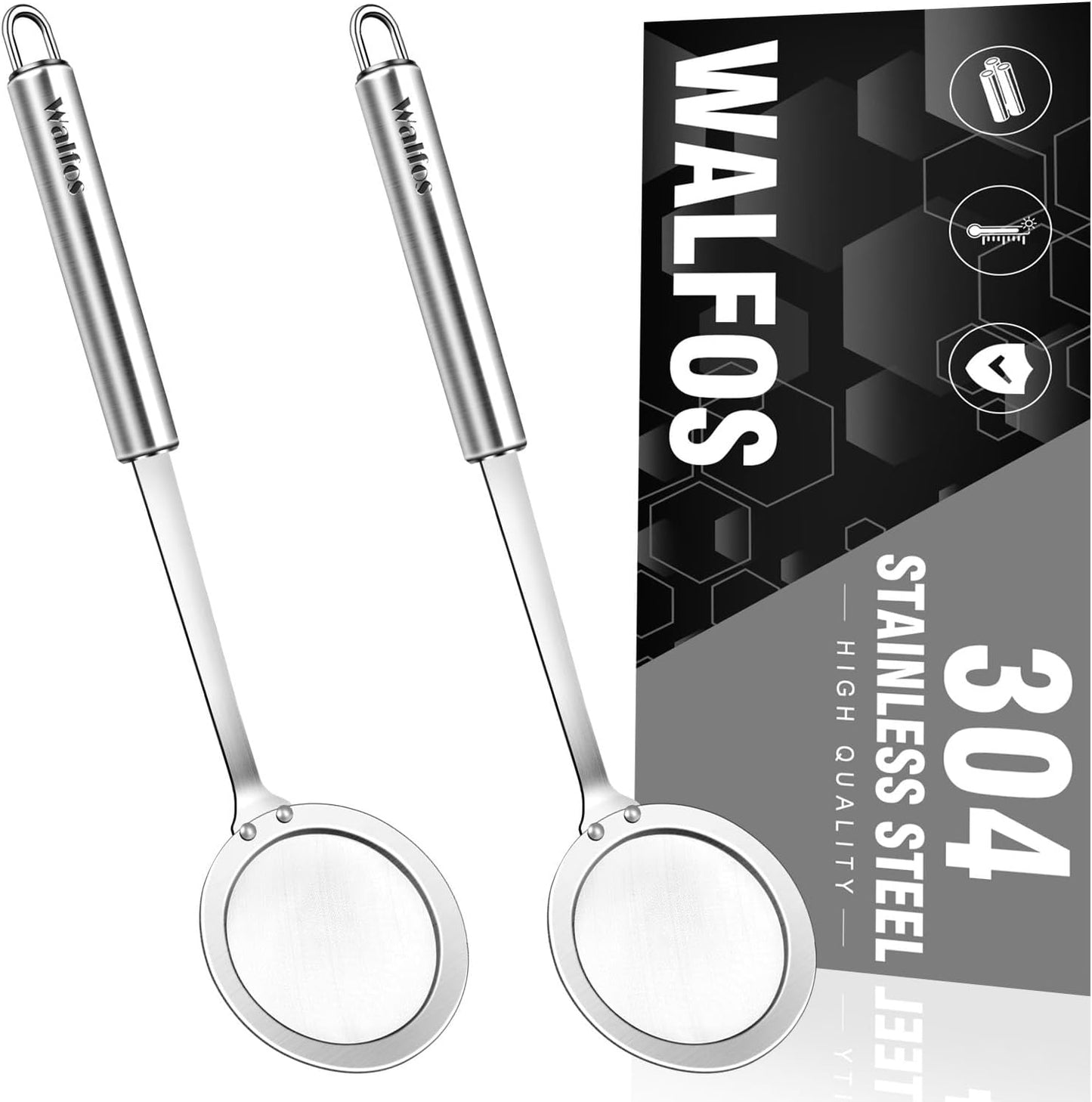 Walfos Fat Skimmer Spoon, 304 Stainless Steel Fat skimmer For Cooking, Fine Mesh Strainer, Food Strainer Fit For Separation Of The Floating Foam, Fat, Grease - Set of 2 Sise