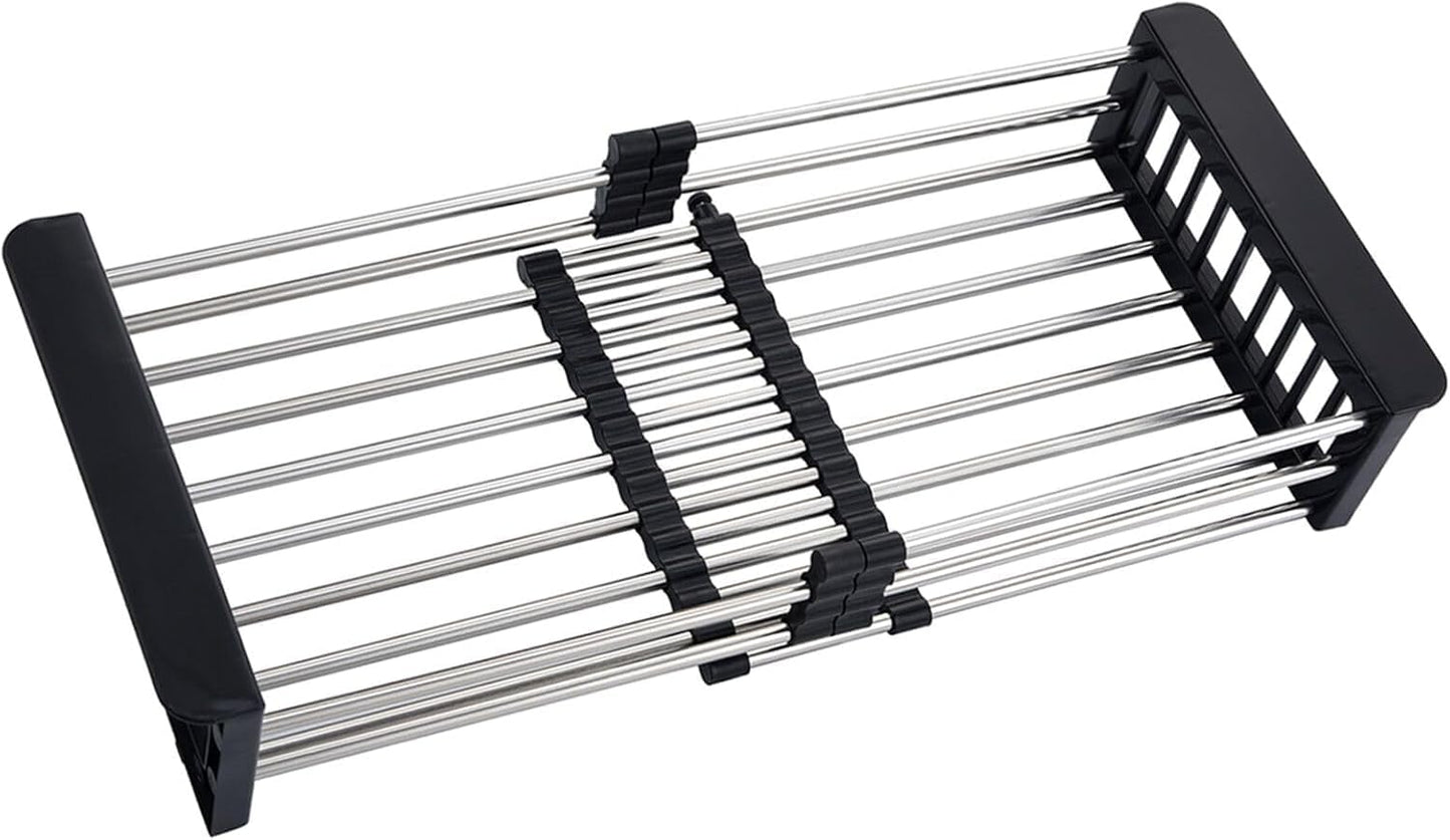 Over The Sink Dish Drying Rack, Stainless Steel Expandable Telescopic Drain Basket with Adjustable Arms - Functional Kitchen Sink Organizer for Dishes, Vegetables & Fruits (Large, Black)