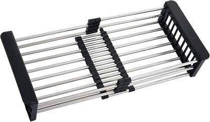 Over The Sink Dish Drying Rack, Stainless Steel Expandable Telescopic Drain Basket with Adjustable Arms - Functional Kitchen Sink Organizer for Dishes, Vegetables & Fruits (Large, Black)