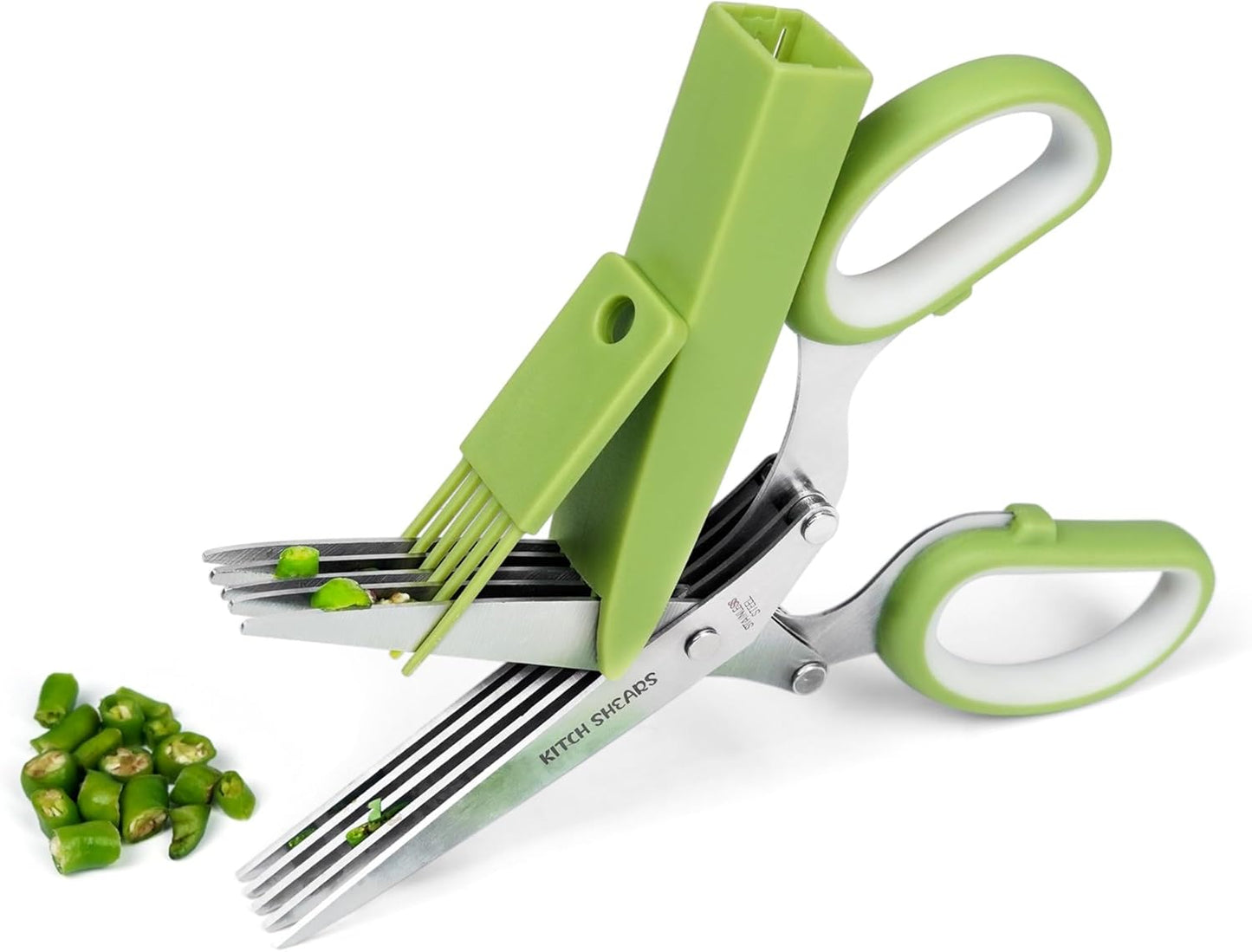 KitchShears Herb Scissors with 5 Blades and Cover - Premium Quality Stainless-Steel Herb Cutter for Kitchen & Garden Herbs - With safety Cover and Cleaning Comb - Dishwasher Safe & Easy to Clean