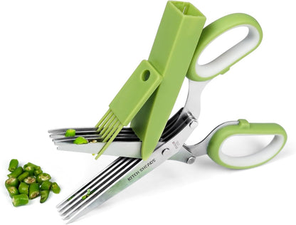 KitchShears Herb Scissors with 5 Blades and Cover - Premium Quality Stainless-Steel Herb Cutter for Kitchen & Garden Herbs - With safety Cover and Cleaning Comb - Dishwasher Safe & Easy to Clean