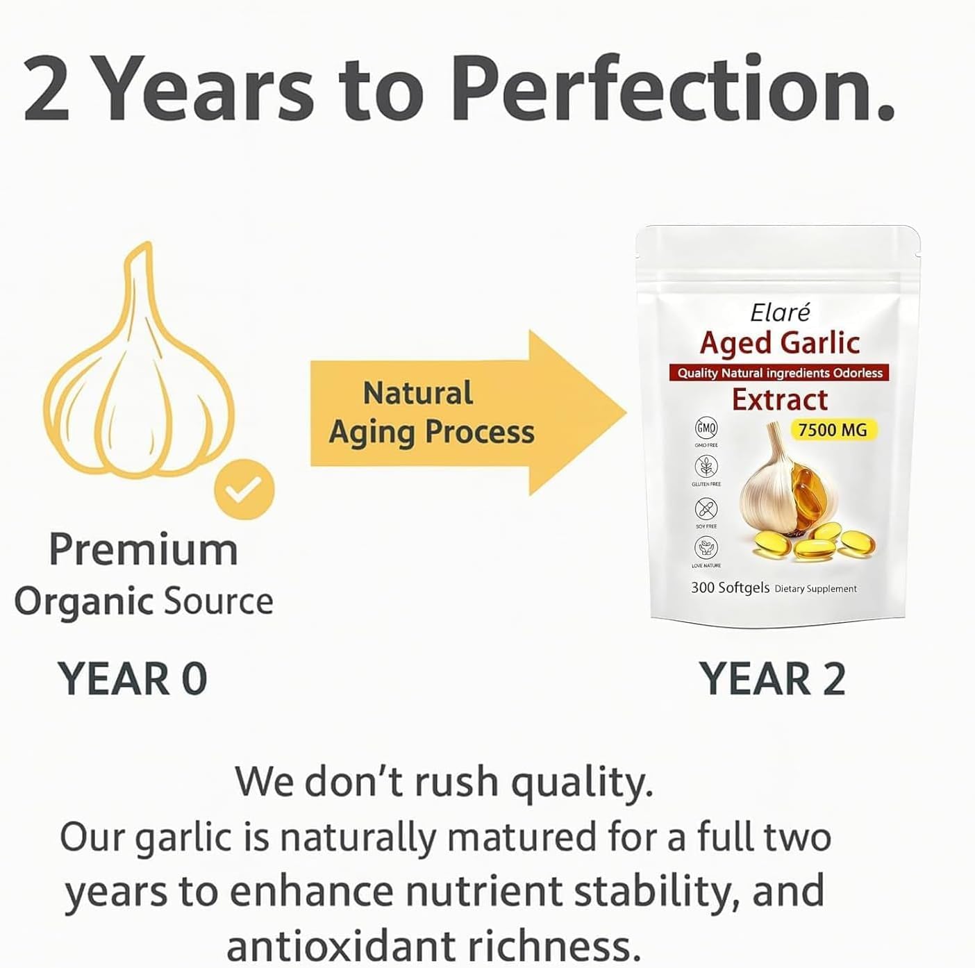ELARE Aged Garlic Extract Capsules, Odorless Garlic 15:1 Extract Formula - 600 Count, Garlic Supplement, 2-Year Matured - for Heart & Immune Support, Non-GMO, Gluten-Free