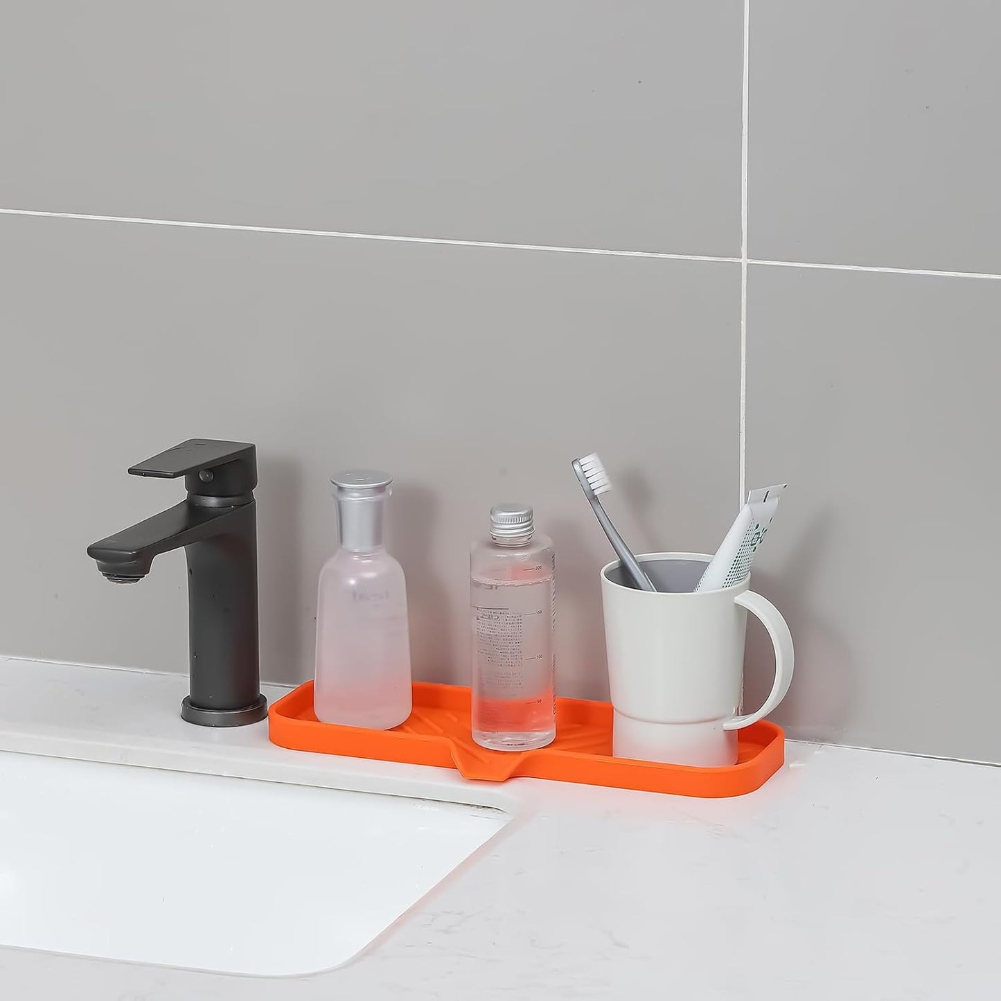 MicoYang Silicone Soap Dish with Drain Spout, Self-Draining Sink Organizer Tray for Bathroom and Kitchen, Sponges, Dispensers and Soap Holder, Non-Slip and Dishwasher Safe, Black (Compact, 4.9"×3.2")