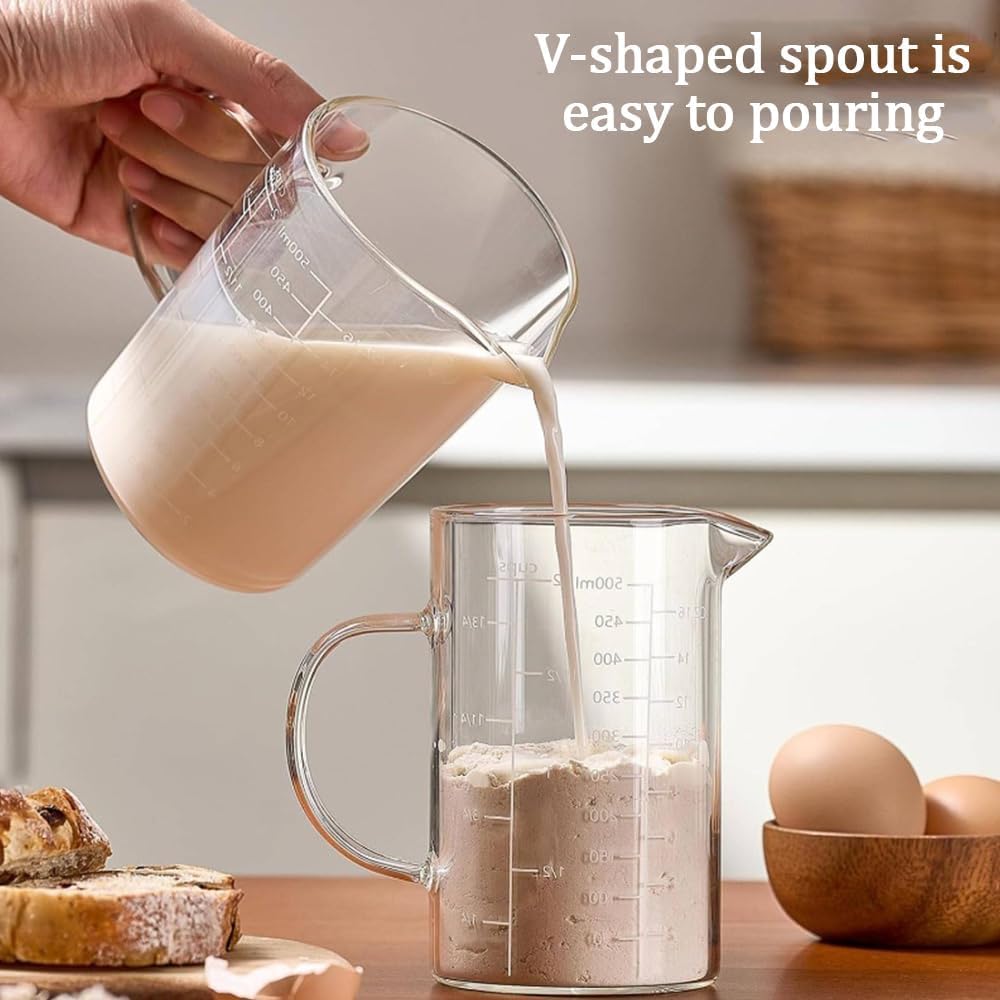 Measuring Cup, 500ML 2 CUP Glass Liquid Measuring Cup with Blank Label, Three Scales (OZ, Cup, ML/CC) High Borosilicate Glass for Kitchen or Restaurant, V-Shaped Spout Measuring Cups
