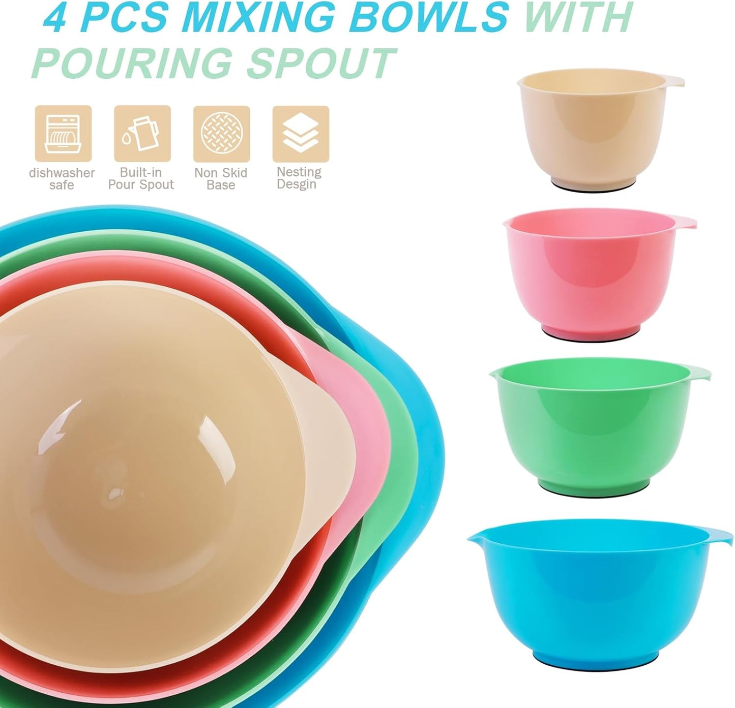 BoxedHome Green Ombre Nesting Plastic Mixing Bowl Set With Pour Spout, Microwave and Dishwasher Safe, BPA free Non-Slip Base, Set of 4 Size 1.7, 2.5, 3.5 and 4.5qt, Great for Prepping, Baking, Cooking