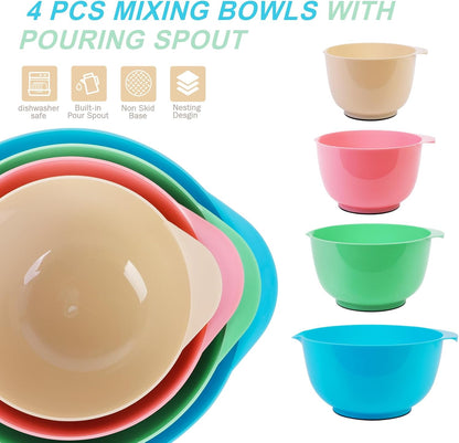 BoxedHome Green Ombre Nesting Plastic Mixing Bowl Set With Pour Spout, Microwave and Dishwasher Safe, BPA free Non-Slip Base, Set of 4 Size 1.7, 2.5, 3.5 and 4.5qt, Great for Prepping, Baking, Cooking