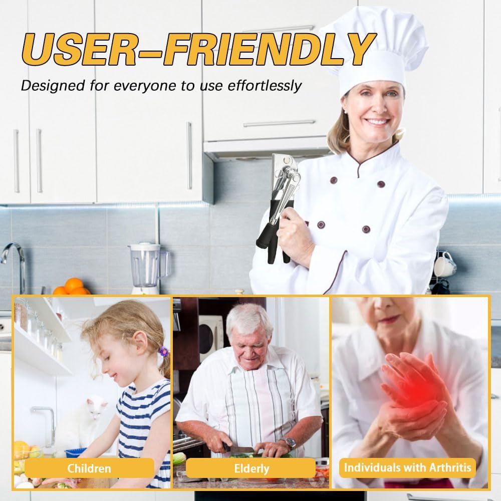 NUFR Commercial Heavy-Duty Manual Can Opener with Easy-Turn Crank, Long Rubber Handle & Magnetic Lid Holder