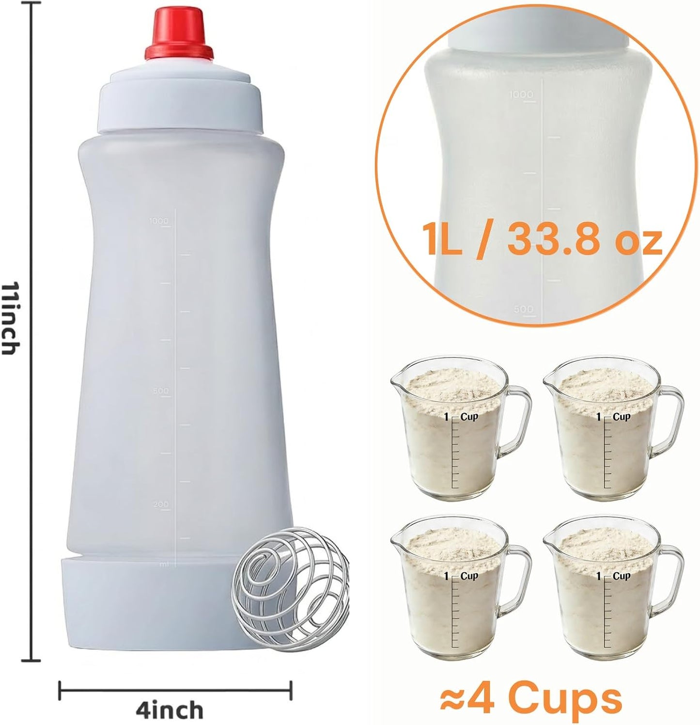One Pack Pancake Batter Dispenser with BlenderBall and Wire Whisk, 33 Oz Silicone Squeeze Pancake Mix Dispenser, Kitchen Pancake Batter Dispenser Bottle for Waffle Cupcakes Muffins Crepes Qatayef