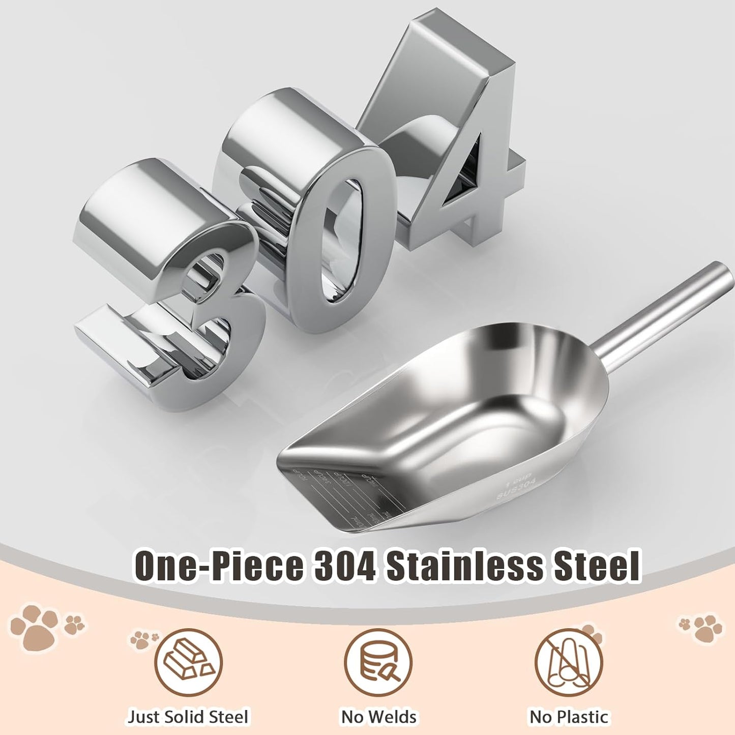 Matel pet dog cat food measuring scoop 1 cup,Food-grade 304 stainless steel material,Long handle and dishwasher-safe