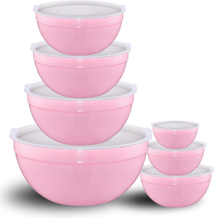 Red Mixing Bowls with Lids Set of 7, Stainless Steel Nesting Bowl with Khaki Lid for Non-slip Mixing Prepping Storing Serving, 7 Sizes-7/3.6/2.7/2.1/1.5/1/0.8 QT