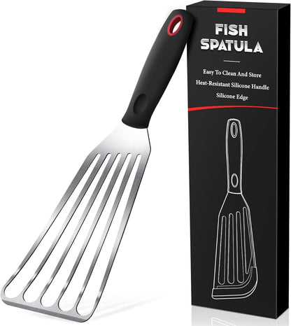 Silicone Fish Spatula, Heat Resistant Silicone Edge for Nonstick Cookware, Fish Turner for Kitchen Use, Flexible and Thin Stainless Steel Cooking utensils, Perfect Slotted Spatula for Egg, Pancake