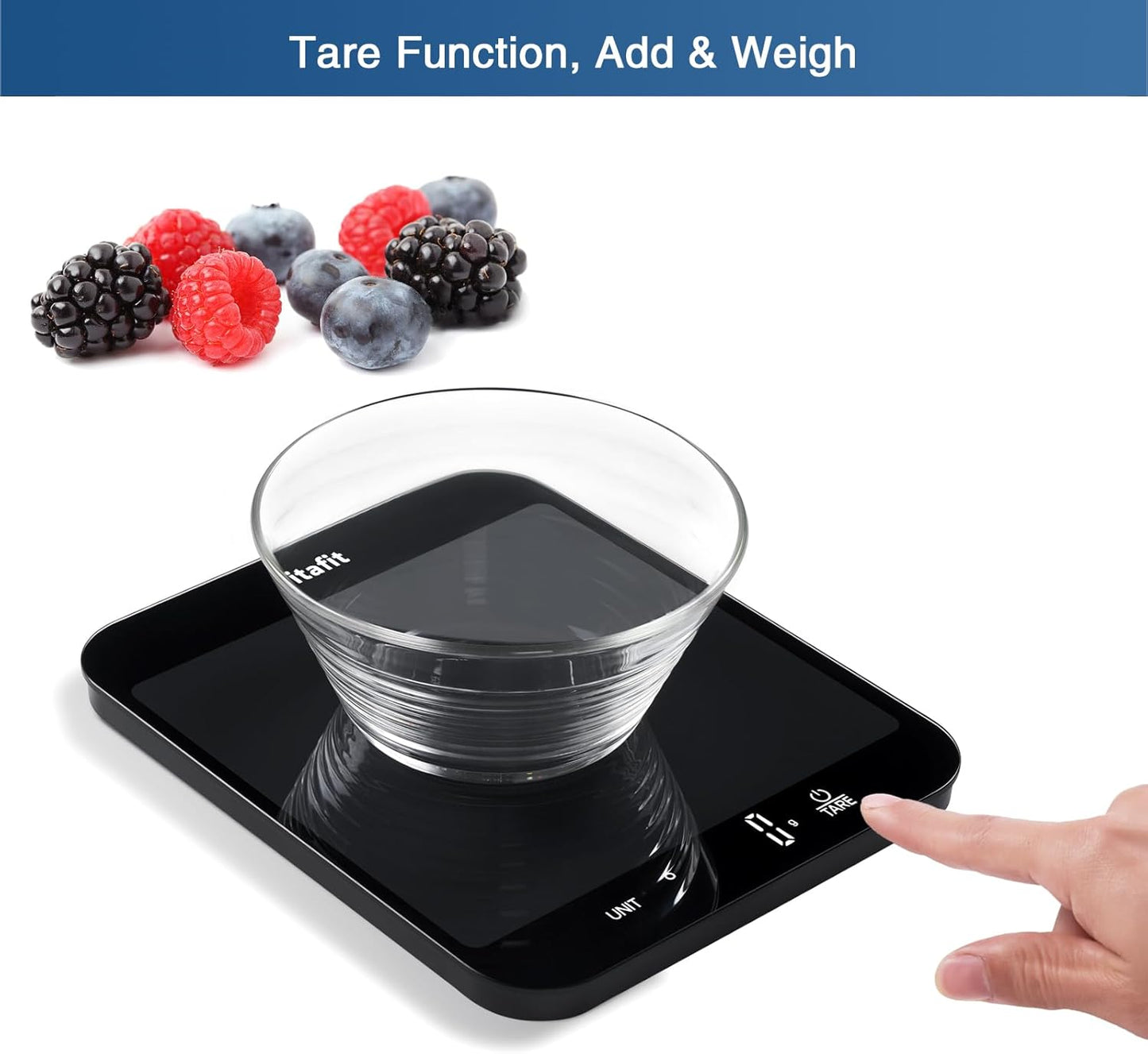 Vitafit 33lb/15kg Digital Food Scale in High Precision 0.1oz/1g, Our Own Kitchen Scale Professional Factory Since 2001, Home and Kitchen Essentials for Cooking and Baking, LED, 3*AAA Batteries, Black