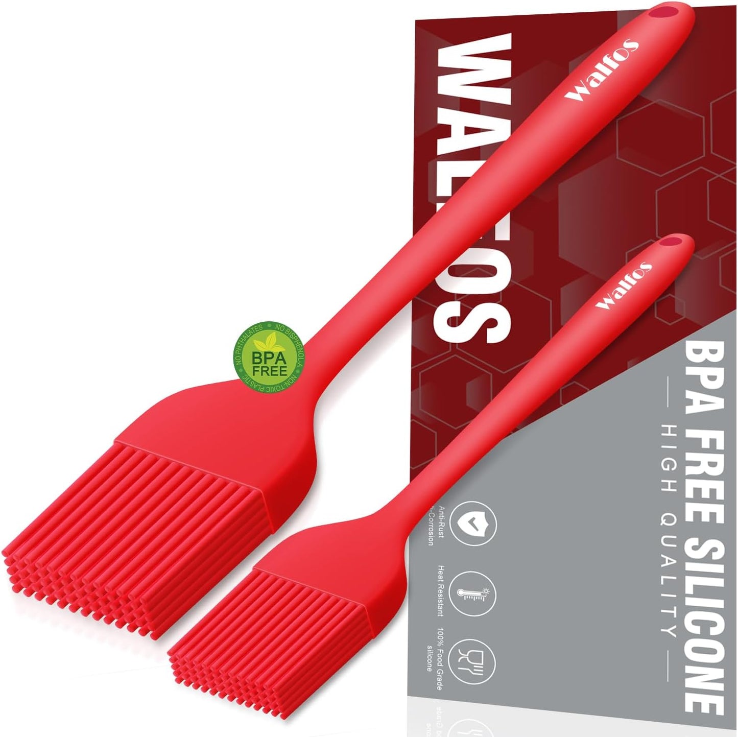 Walfos 600°F Heat Resistant Silicone Basting Brushes BPA Free Pastry Brush, Spread Oil Butter Sauce for BBQ Grill Baking Kitchen Cooking, Dishwasher Safe (2 SIZE)