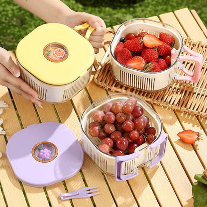 Fruit and Salad Washing Bowl with Strainer,Colander for Kitchen,Multi-Functional Vegetable and Food Drainer with Lid, Handle and Fork,Portable Fruit and Salad Containers for Fridge,BPA Free，Grape