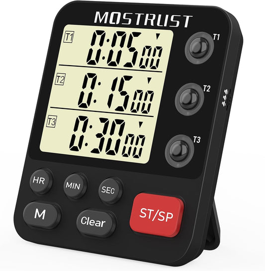 Digital Dual Kitchen Timer, 3 Channels Triple Countdown Timer for Cooking, Magnetic Memory-Preset Large Display Adjustable Volume, Multi Time Management, 3A Battery Included, Black