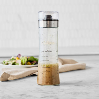Sur La Table Salad Dressing Shaker – 18 oz Glass Bottle with Emulsifying Wand, Measurement Markings & Built-In Recipes – Mix Vinaigrettes & Caesar Dressings Easily