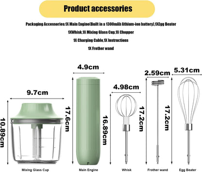 Cordless Hand Mixer MixgoII, Handheld Mixer Electric Whisk & Milk Frother, Hand Held Mini Mixers, Rechargeable Hand Mixer and Whisker, Food Processor for Cooking, Food Chopper, 4-Speed, 10Oz