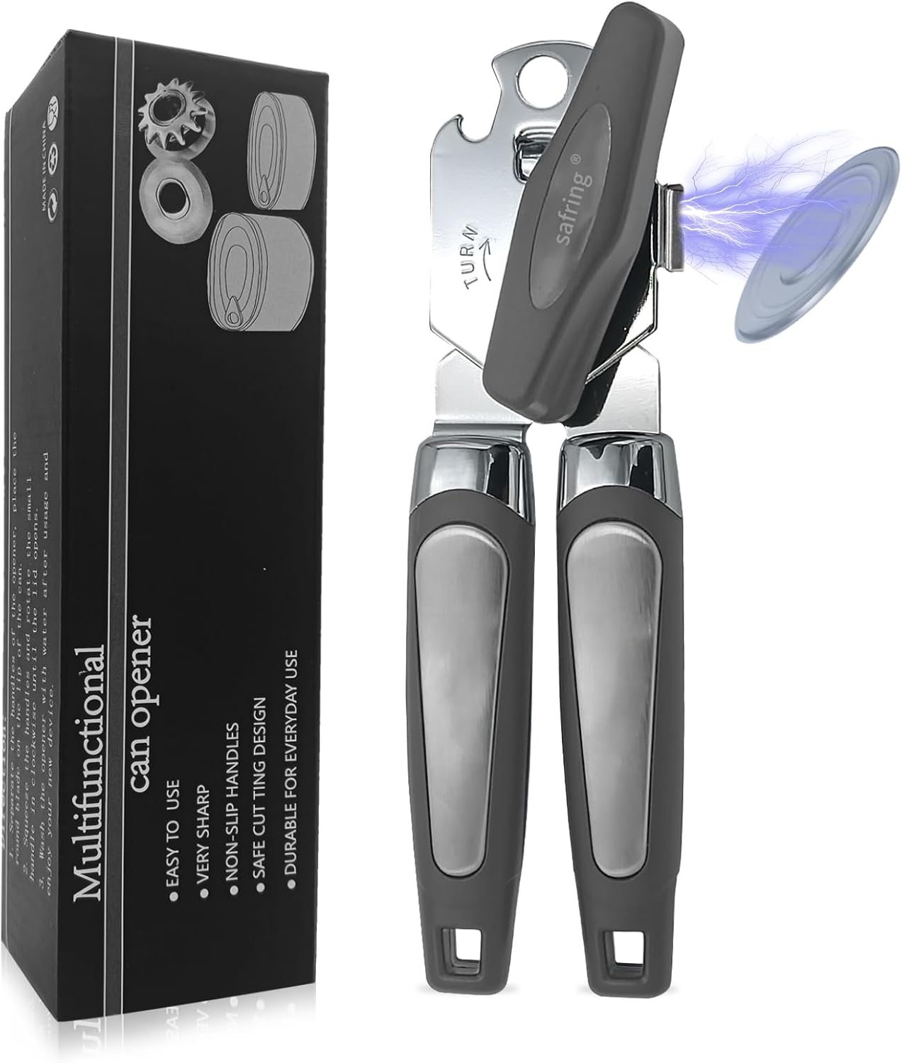 Safring Can Opener Manual with Magnet, Stainless Steel Handheld Heavy Duty Can Opener, Sharp Blade Smooth Edge, Comfortable Handle, Can Openers with Multifunctional Bottle Opener, Red