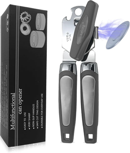 Safring Can Opener Manual with Magnet, Stainless Steel Handheld Heavy Duty Can Opener, Sharp Blade Smooth Edge, Comfortable Handle, Can Openers with Multifunctional Bottle Opener, Red