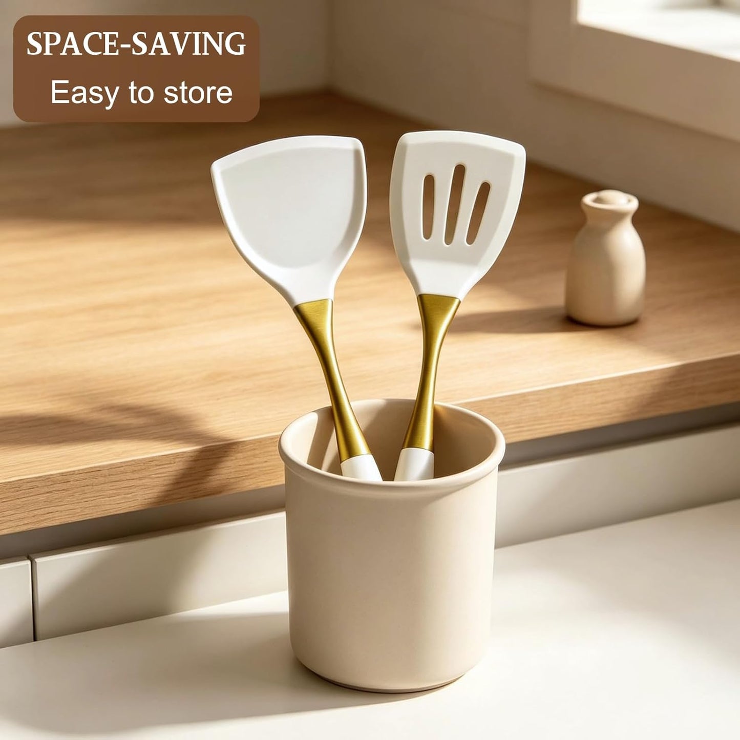 Elegant White Gold Silicone Cooking Utensils Set - Non-Toxic, Dishwasher Safe Kitchen Utensils Set with Heat Resistant Comfort Handles - Includes Spatula & Spoon for Nonstick Cookware