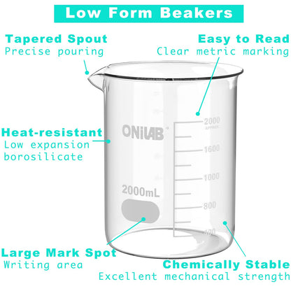 ONiLAB Glass Measuring Beaker Set 50ml 100ml 250ml 500ml 1000ml(Pack of 5) 3.3 Boro Griffin Low Form with Printed Graduation Scientific Glassware for Laboratories, Classrooms or Home Use