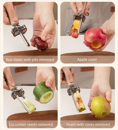 Apple Corer Tool - Stainless Steel Professional Apple Core Remover for Fruits & Vegetables, Multi-Purpose Corer Tool Kitchen with Storage Hook (Khaki)