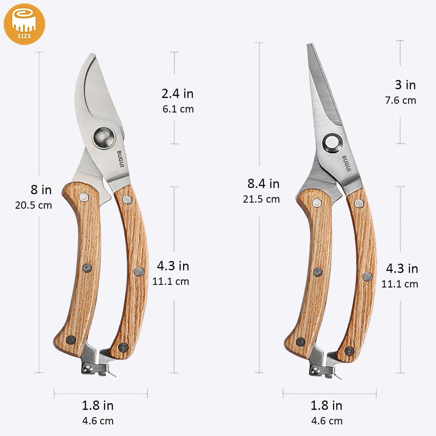 BUGUI Garden Shears Set of 2, Includes 1 Bypass Pruning Shears and 1 Straight Blade Garden Scissors, Sharp, Lightweight
