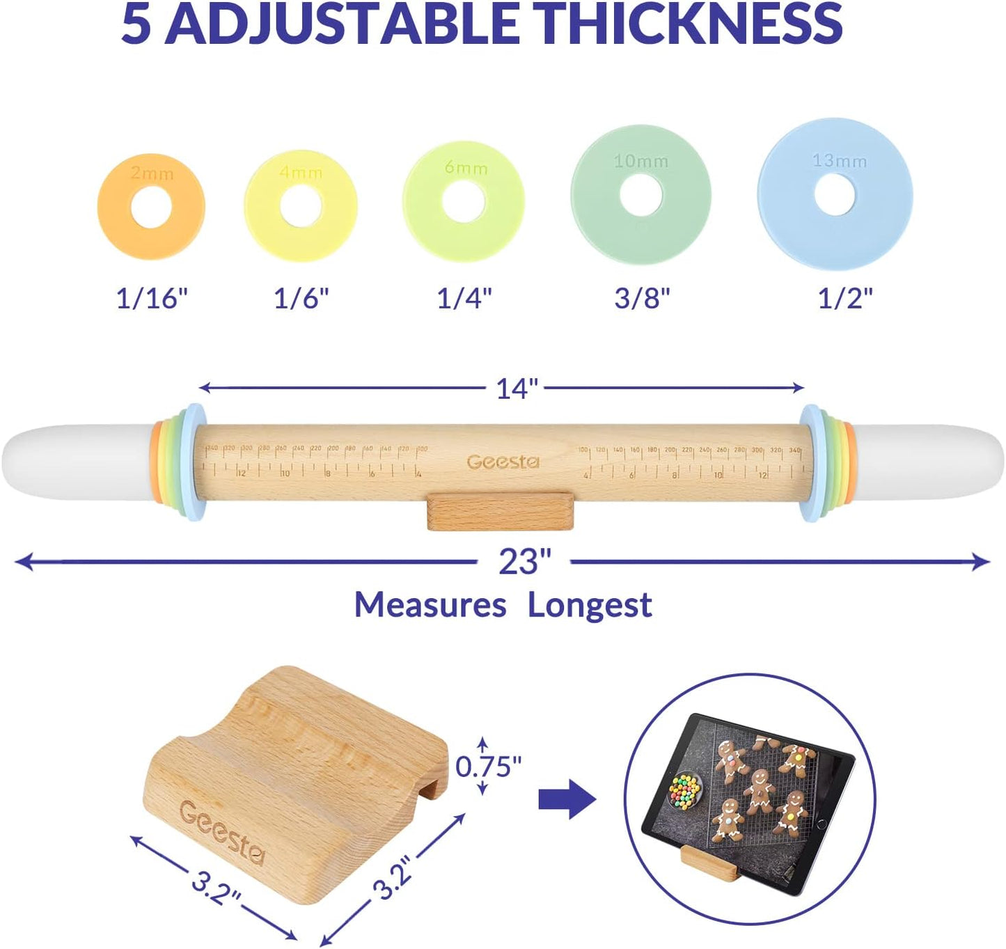 Geesta Adjustable Wood Rolling Pin with 5 Thickness Rings, Precise Dough Roller Handle Press Design with Measurement Guide for Fondant, Pizza, Pie Crust, Cookie, Pastry Baking Decorating Accessories