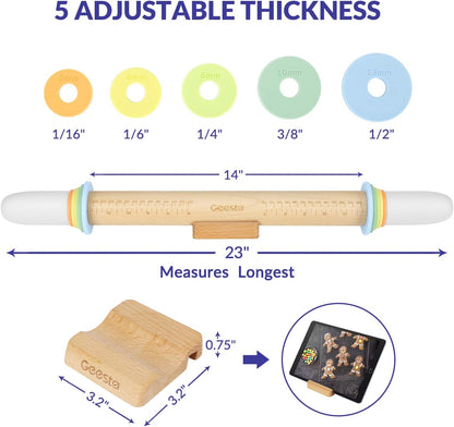 Geesta Adjustable Wood Rolling Pin with 5 Thickness Rings, Precise Dough Roller Handle Press Design with Measurement Guide for Fondant, Pizza, Pie Crust, Cookie, Pastry Baking Decorating Accessories