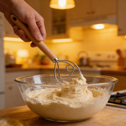 Stainless Steel Dough Whisk with Wood Handle,Premium Bread Whisk for Baking, Rust-Proof Kitchen Utensil