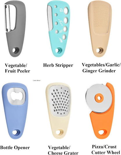 Kitchen Gadgets Set 6 Pieces, Space Saving Cooking Tools Kitchen Accessories-Garlic/Ginger Grinder, Cheese Grater, Vegetable/Fruit Peeler, Pizza Cutter, Herb Stripper, Bottle Opener, Gadgets Gift Set