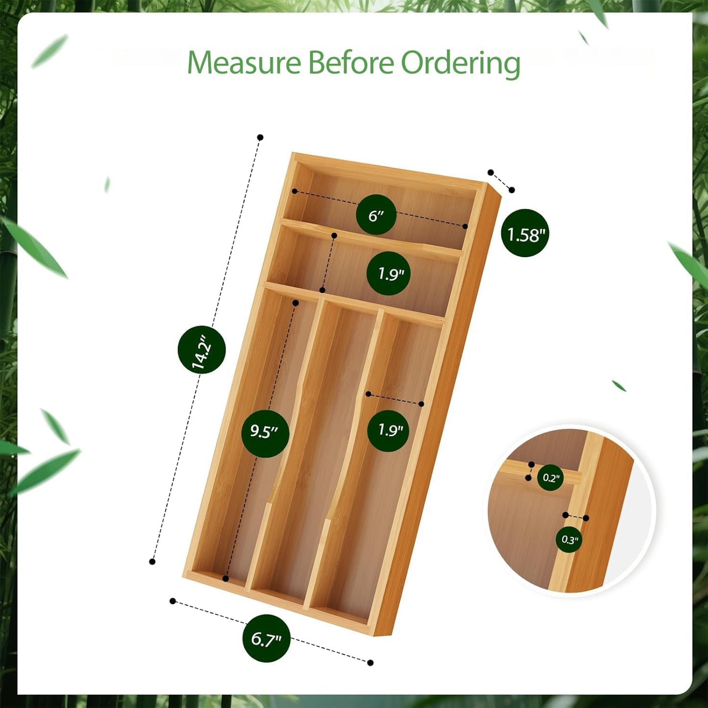 Bamboo Silverware Organizer, Bamboo Kitchen Drawer Cutlery Organizer, Utensil Holder, Flatware Organizer Tray (15.8"x9.5"x1.6")