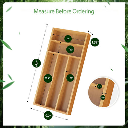 Bamboo Silverware Organizer, Bamboo Kitchen Drawer Cutlery Organizer, Utensil Holder, Flatware Organizer Tray (15.8"x9.5"x1.6")