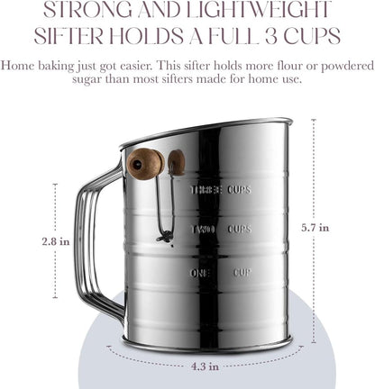 Bellemain 3 Cup Flour Sifter for Baking Fine Mesh Rotary Hand Crank with Loop Agitator for Quick Sifting, Flour Sifter Stainlees Steel