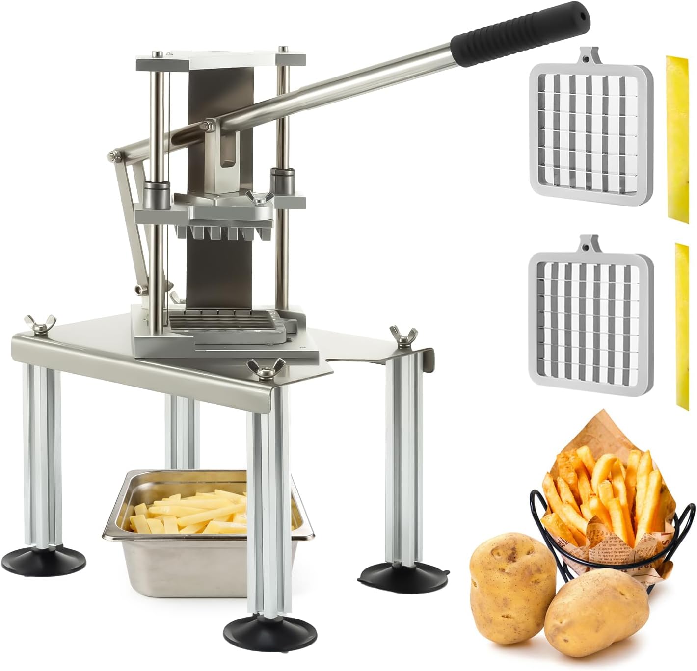 Vertical French Fry Cutter with 3/8" & 1/2" Blades, Commercial Grade Potato Cutter, Heavy Duty Vegetable Chopper, Rust-Proof Stainless Steel Slicer for Home Kitchen