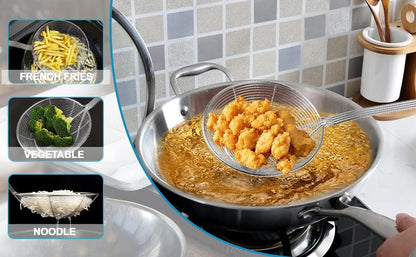 Multi Kitchen Utensil Stainless Steel Cooking Skimmer Slotted Fish Turner Spatula Spoon Colander Drain Water Filter Spoon Ladle Spider Strainer Skimmer Ladle for Cooking &Frying (2pcs)