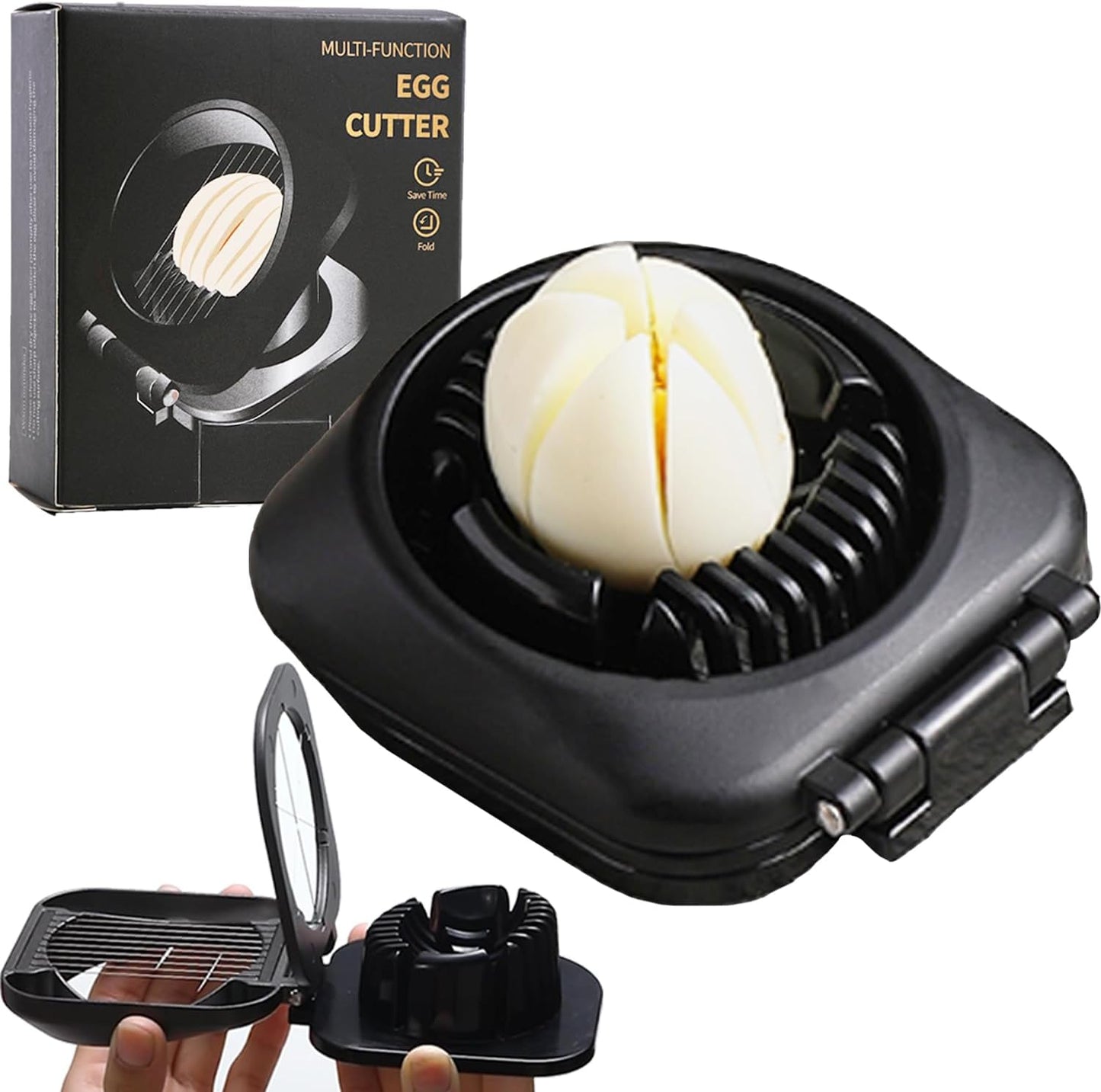 Double Cutter Egg Slicer for Hard Boiled Eggs, Heavy Duty Metal Stainless Steel Aluminum Alloy Egg Cutter for Egg Strawberry Mushroom Hot Dog Soft Fruit Kitchen Tool (Black)