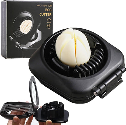 Double Cutter Egg Slicer for Hard Boiled Eggs, Heavy Duty Metal Stainless Steel Aluminum Alloy Egg Cutter for Egg Strawberry Mushroom Hot Dog Soft Fruit Kitchen Tool (Black)