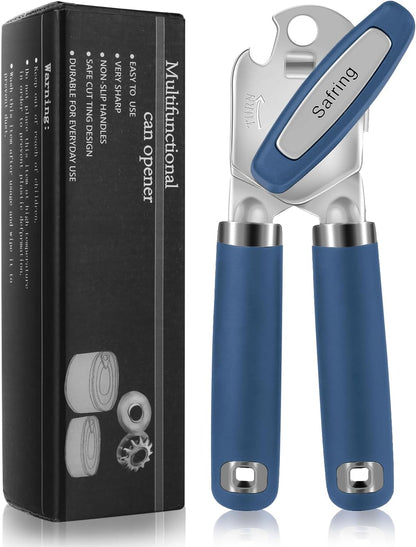 Safring Can Opener Manual, Heavy Duty Handheld Strong Can Opener with Soft Touch Handle, Sharp Blade Smooth Edge, Can Openers with Multifunctional Bottle Opener, Black