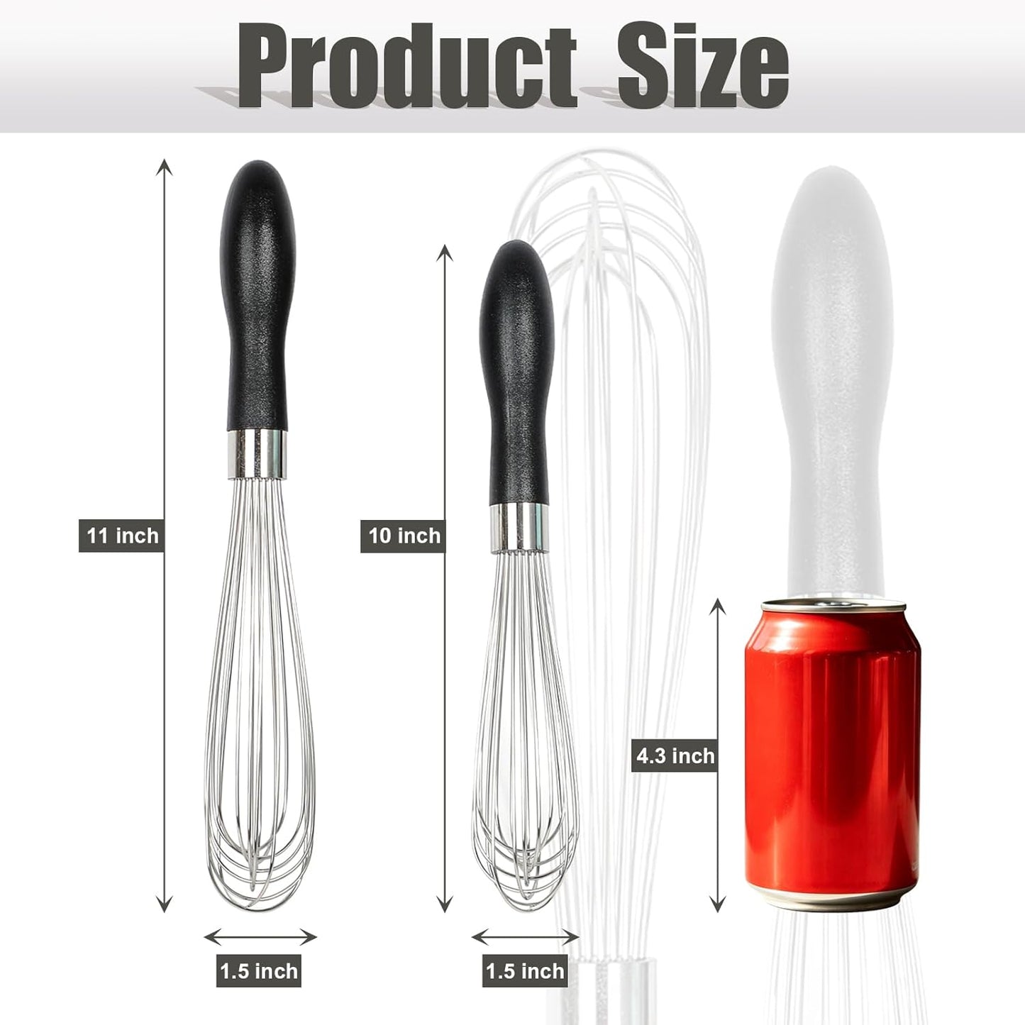 Kamehame French Whisk Set, 9” and 11" Whisk, 304 Stainless Steel Wire Whisk Set for Cooking, Baking